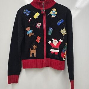 Karen Scott Petites Ugly Zip UP Christmas Sweater Black Red Santa Clause